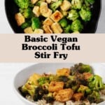 Images of stir fried broccoli and tofu, served over a bed of rice.