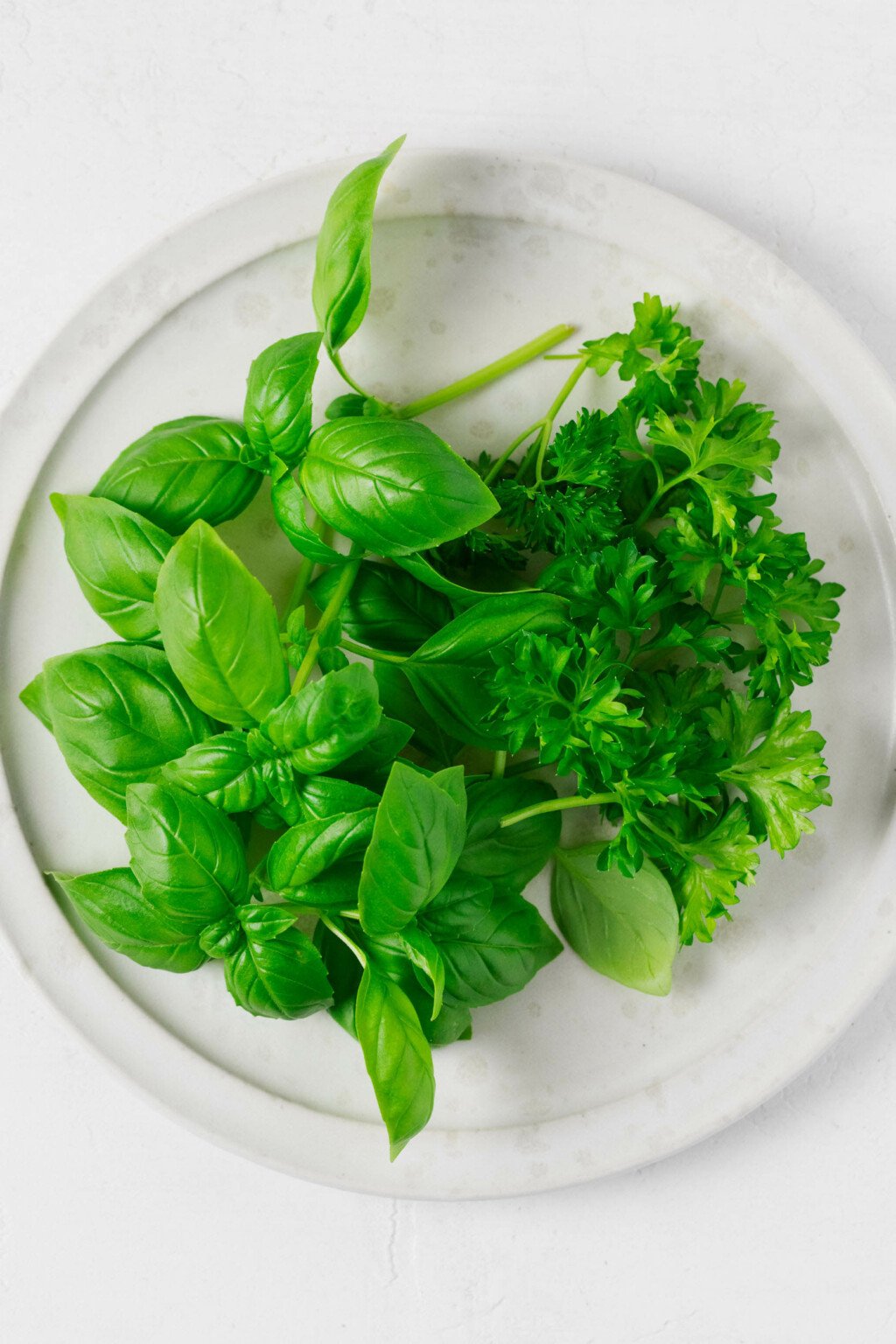 An overhead image of fresh basil and parsley leaves on a round, white plate.