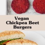 Bright pink vegan burgers, made with chickpeas and beets, have just been baked. They're pictured on a parchment-lined baking sheet. They are also pictured on a burger bun.