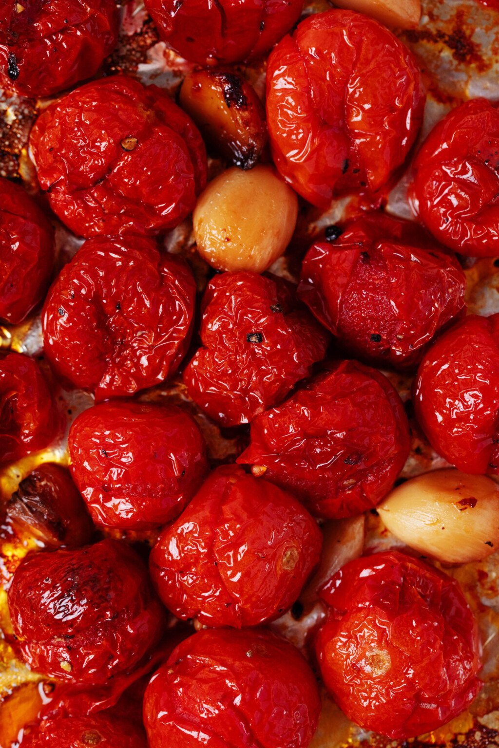 An overhead image of tender, bursting tomatoes and roasted garlic cloves.