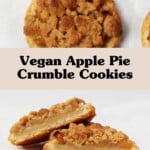Plant-based apple pie crumble cookies are a deep golden brown, with buttery crumb topping. They've been laid on a white parchment surface.